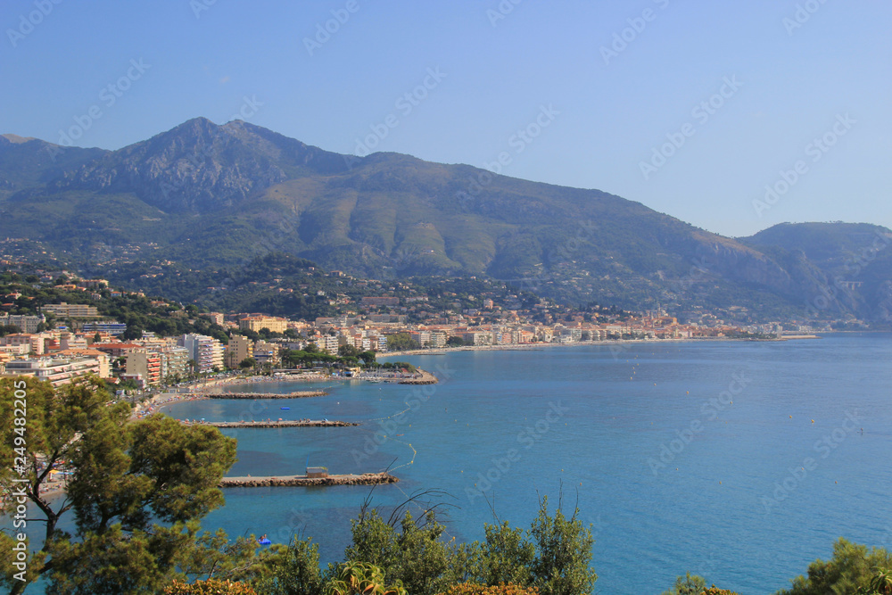 Roquebrune and Menton, French riviera coast with blue sea.