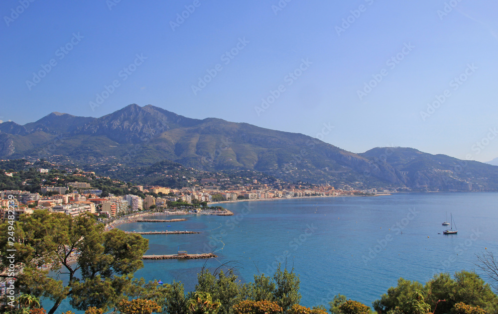 Roquebrune and Menton, French riviera coast with blue sea.