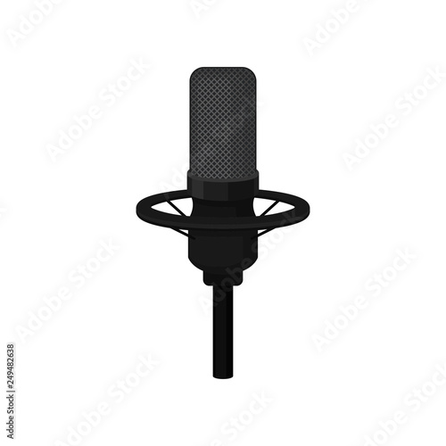 Flat vector icon of black condenser microphone on stand. Mic for recording voice. Equipment for radio or record studio