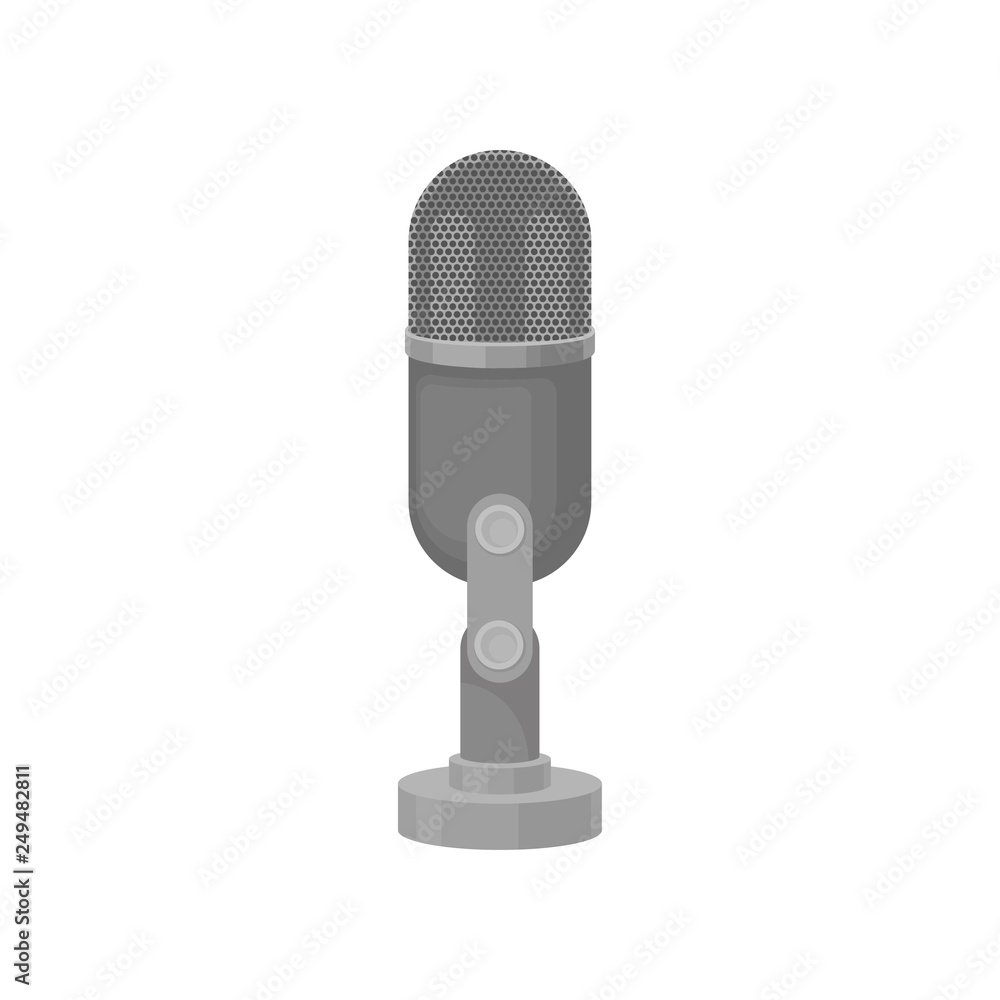Gray table dynamic microphone on metal stand. Professional mic for recording vocals or broadcasting. Flat vector icon Gray table dynamic microphone on metal stand. Professional mic for recording vocals or broadcasting. Flat vector icon