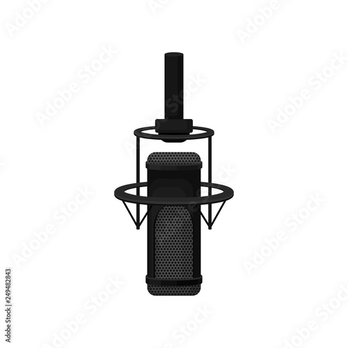 Professional condenser microphone with shock mount. Equipment for radio or record studio. Flat vector icon