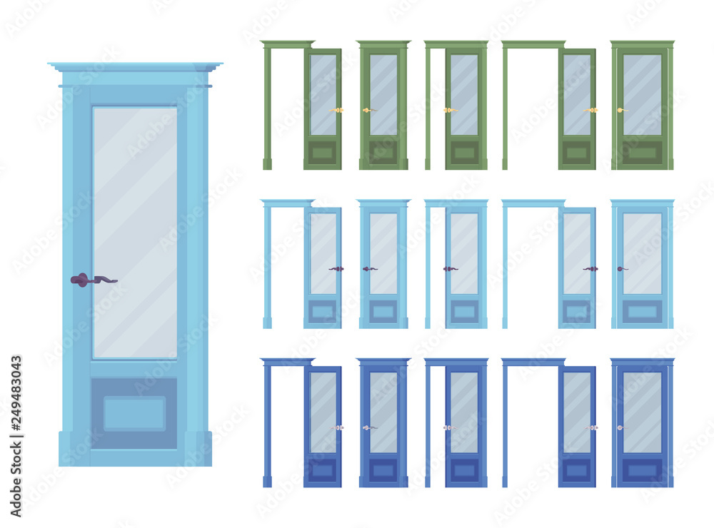Doors classic set, wooden with glass, entrance to a building, room. Home, office design concept. Vector flat style cartoon illustration isolated on white background, different views, open and closed Doors classic set, wooden with glass, entrance to a building, room. Home, office design concept. Vector flat style cartoon illustration isolated on white background, different views, open and closed