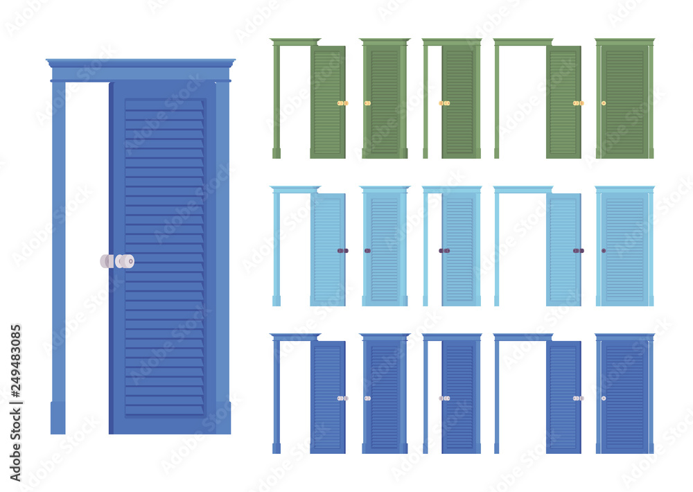 Doors flush classic set, wooden entrance to building, room. Home, office design concept. Vector flat style cartoon illustration isolated on white background, different views, open and closed Doors flush classic set, wooden entrance to building, room. Home, office design concept. Vector flat style cartoon illustration isolated on white background, different views, open and closed