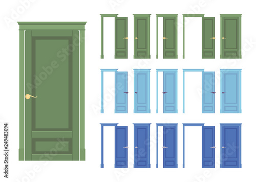 Doors flush classic set, wooden with glass, entrance to building, room. Home, office design concept. Vector flat style cartoon illustration isolated on white background, different views, open, closed