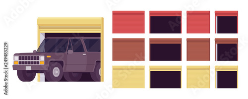 Garage doors, metal roller system set, car entrance to building housing a vehicle. Contemporary suburban home design. Vector flat style cartoon illustration isolated, white background, different views