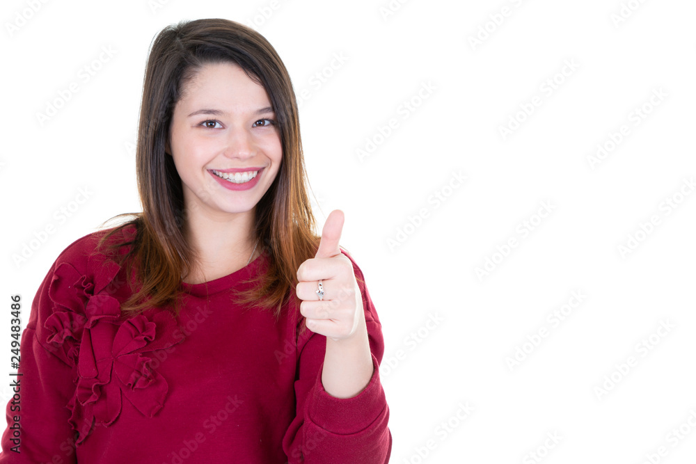 Beautiful young woman with one thumb up Beautiful young woman with one thumb up