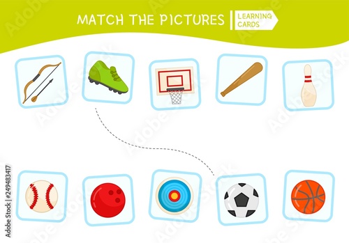 Matching children educational game. Match parts of sport equipment. Activity for pre sсhool years kids and toddlers.