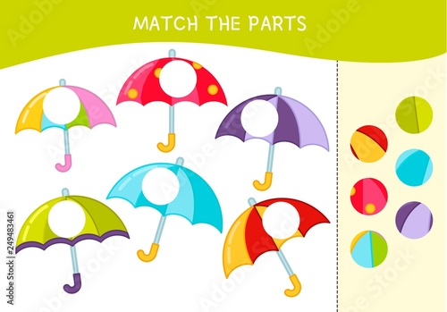 Matching children educational game. Match parts of umbrellas. Activity for pre sсhool years kids and toddlers.