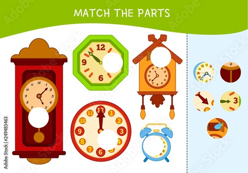 Matching children educational game. Match parts of clocks. Activity for pre sсhool years kids and toddlers.