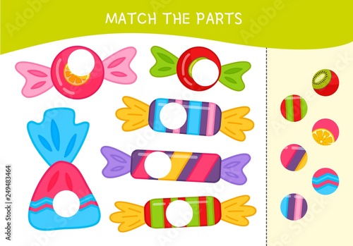 Matching children educational game. Match parts of candies. Activity for pre sсhool years kids and toddlers.