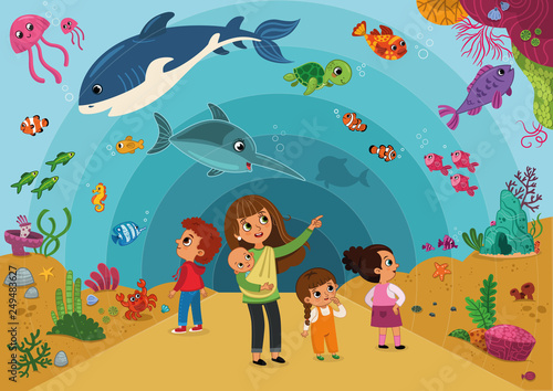 Illustration of a Family Visiting an Aquarium