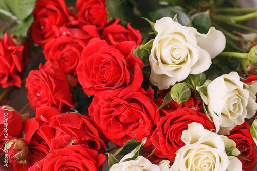 Bouquet of fresh red and white roses 