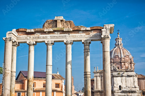 View of  ruins of the Roman Forum in Rome, Italy with blue sky