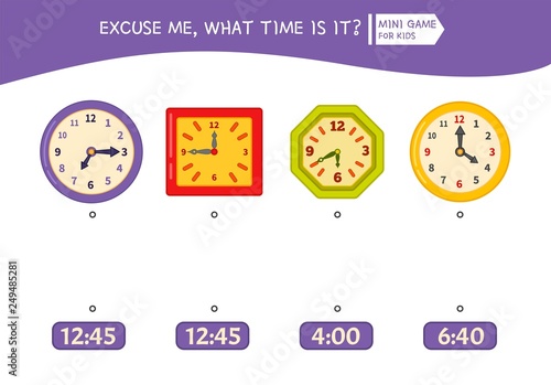 Matching children educational game. Match of clocks and correct time Activity for pre sсhool years kids and toddlers.