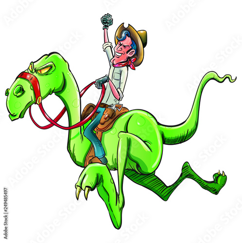 Cartoon cowboy riding a dinosaur