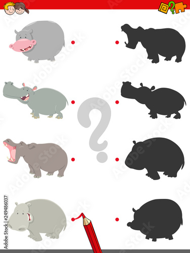 match shadows activity with funny hippos