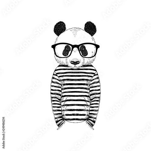 Humanized panda bear man hipster dressed up in nordic stripy frock. Hand drawn vector illustration. Furry art image. Black and white print design.