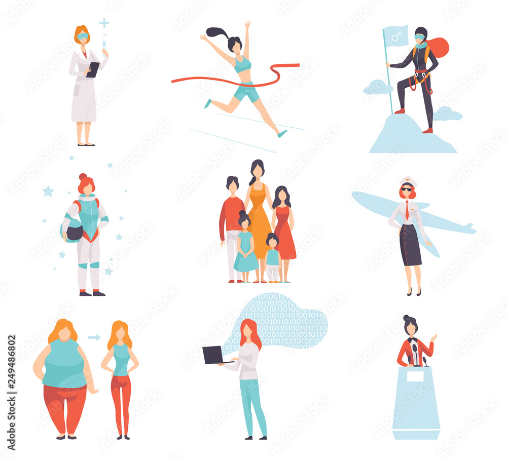 Women of Different Professions Set, Achievements of Young Women in Field of Science, Sport, Business, Society Vector Illustration