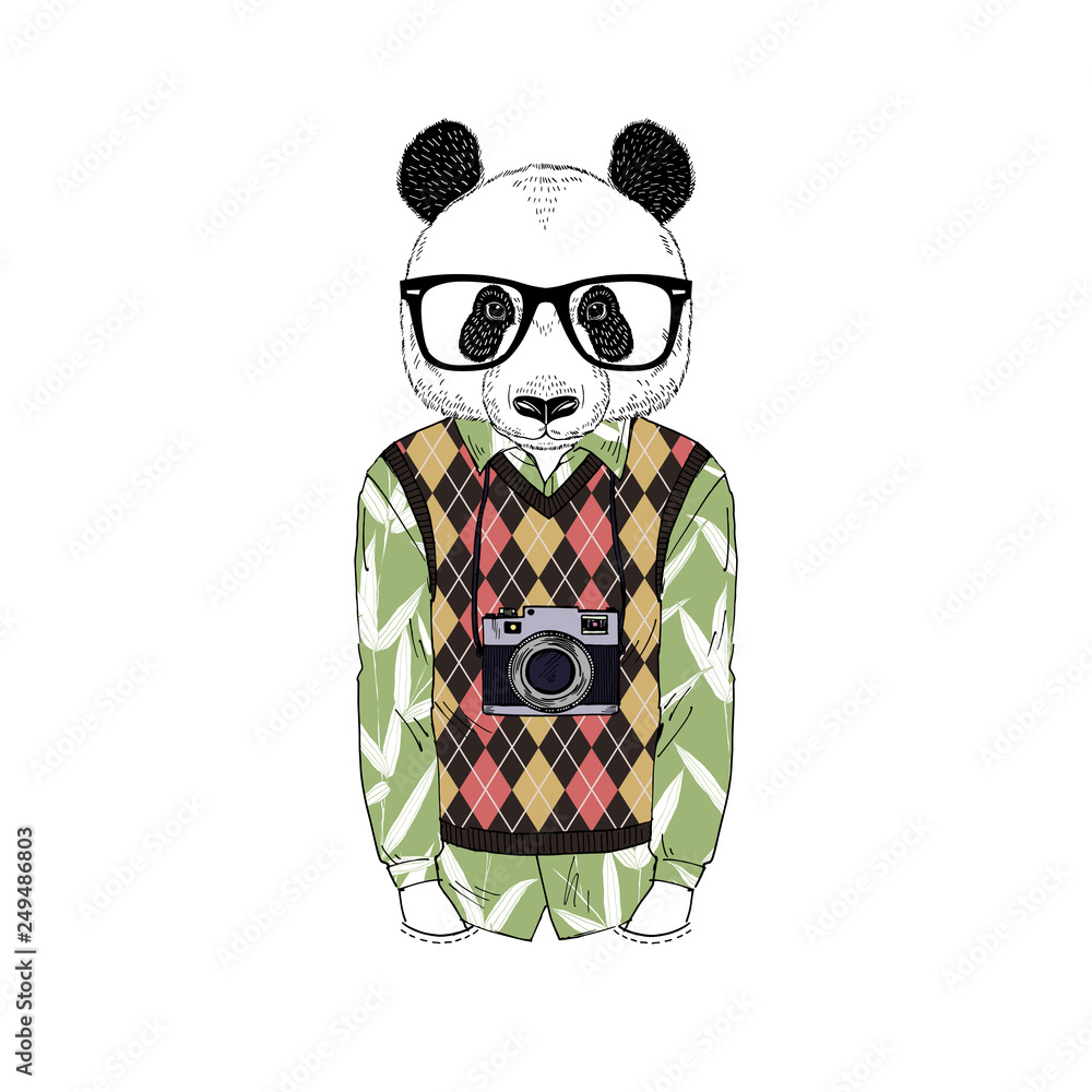 Humanized panda bear man hipster with photo camera dressed up in retro  shirt with bamboo print and knitted argyle gilet. Hand drawn vector  illustration. Furry art image. Stock Vector | Adobe Stock