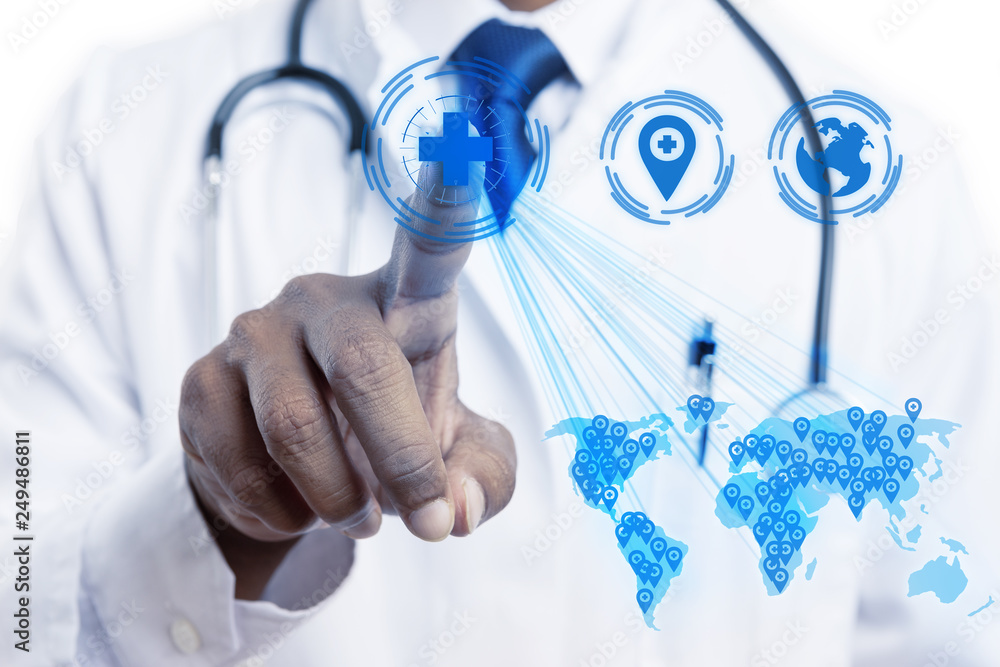 Doctor touching medical cross symbol on screen. Doctor touching medical cross symbol on screen.