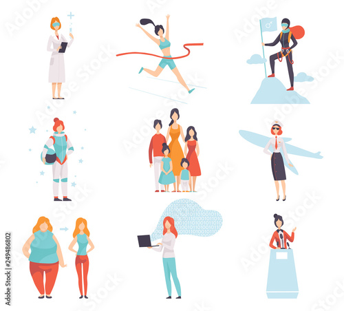 Women of Different Professions Set, Achievements of Young Women in Field of Science, Sport, Business, Society Vector Illustration