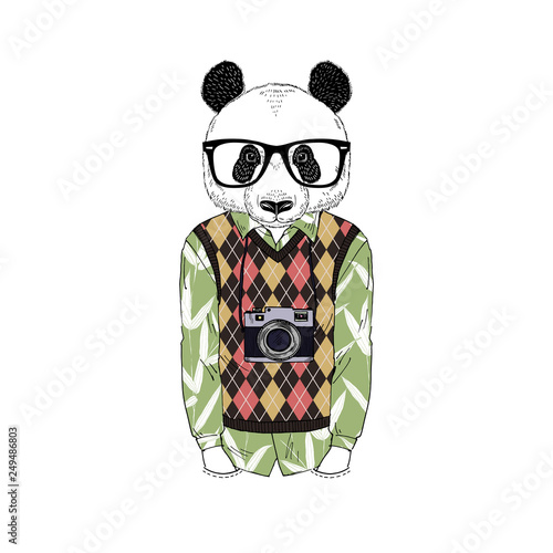 Humanized panda bear man hipster with photo camera dressed up in retro shirt with bamboo print and knitted argyle gilet. Hand drawn vector illustration. Furry art image.