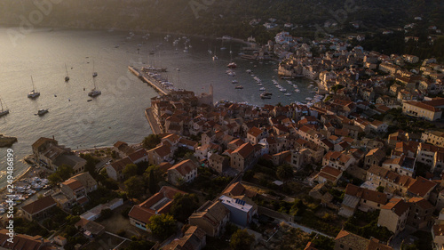 Komiza Vis Croatia, drone photography of komiza during sunset, overview komiza in Croatia