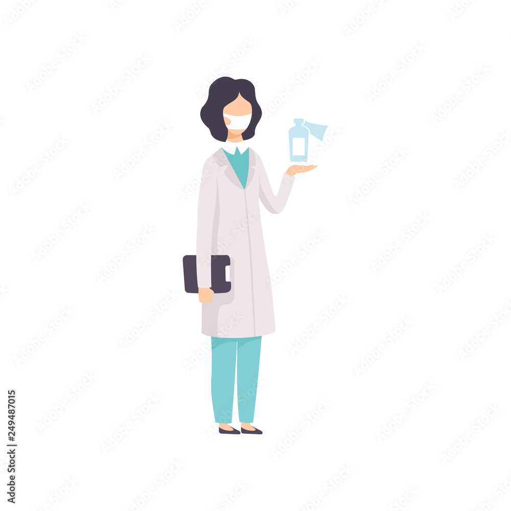 Female Doctor or Scientist Character Wearing Medical Coat and Mask Standing with Bottle of Medicine Vector Illustration