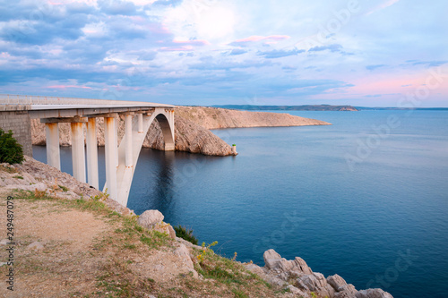 Bridge connecting mainland with Pag island at sunset, Dalmatia, Croatia