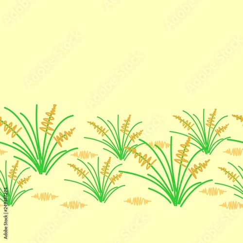 Horizontal seamless border  vector hand drawn element  bunch of grass. Sand beige color of background. 