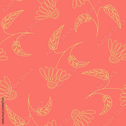 Fototapeta Naklejka Na Ścianę i Meble -  Hand drawn flower, gold line art on living coral backdround. Vector seamless surface pattern. 