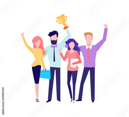 Conference of people, successful teamwork results vector. Workers holding gold trophy, victory of team, woman with reports, winner celebration success
