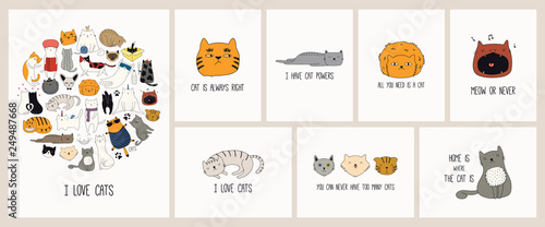 Zestaw kart z ładnymi kolorowymi gryzmołami różnych kotów z zabawnymi cytatami dla miłośników kotów. Ręcznie rysowane ilustracji wektorowych. Rysowanie linii. Koncepcja projektu plakatu, koszulki, nadruku mody.