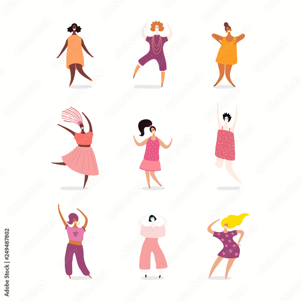 Set of diverse women. Isolated objects on white background. Hand drawn vector illustration. Flat style design. Concept, element for feminism, girl power, womens day card, poster, banner.