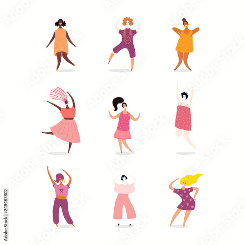 Set of diverse women. Isolated objects on white background. Hand drawn vector illustration. Flat style design. Concept, element for feminism, girl power, womens day card, poster, banner.