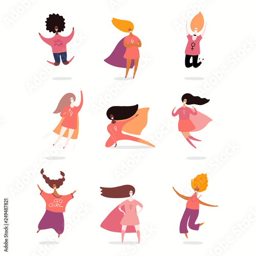 Set of diverse women. Isolated objects on white background. Hand drawn vector illustration. Flat style design. Concept, element for feminism, girl power, womens day card, poster, banner.