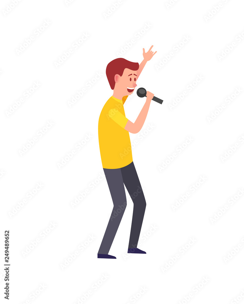 Male singing, musician giving performance isolated vector. Man performer entertaining, funny character holding microphone. Vocalist with mike mic Male singing, musician giving performance isolated vector. Man performer entertaining, funny character holding microphone. Vocalist with mike mic