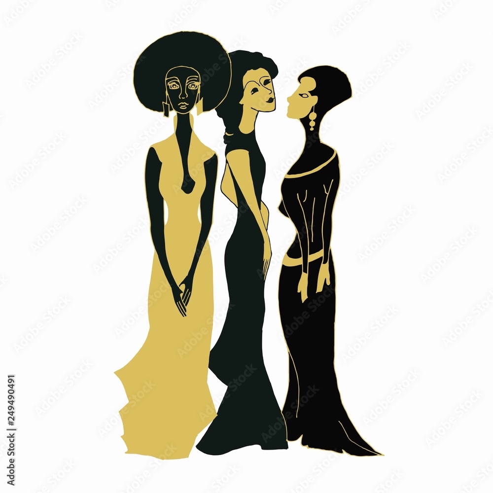 Vector illustration. EPS. Black and gold. A variety of women, friends, of different nationalities, integrity. Print for t-shirts, cards, banners, art for interiors. Vector illustration. EPS. Black and gold. A variety of women, friends, of different nationalities, integrity. Print for t-shirts, cards, banners, art for interiors.