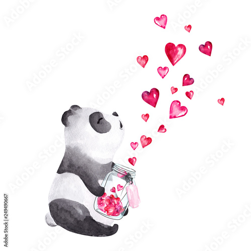 Hand drawn watercolor panda holding glass jar with hearts