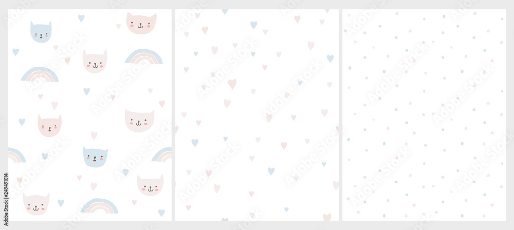 Lovely Pastel Colors Nursery Vector Patterns. Funny Smiling Cats on a White Background. Hearts and Rainbows Among Kitties. Pink, Blue and Gray Hearts Pattern. Bright Irregular Dotted Layout.  - obrazy, fototapety, plakaty 