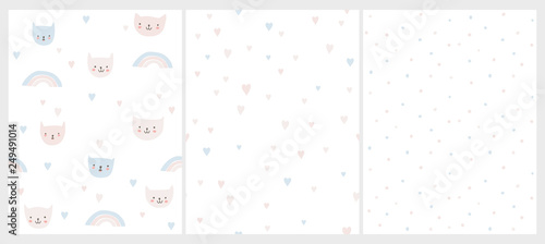 Lovely Pastel Colors Nursery Vector Patterns. Funny Smiling Cats on a White Background. Hearts and Rainbows Among Kitties. Pink, Blue and Gray Hearts Pattern. Bright Irregular Dotted Layout. 