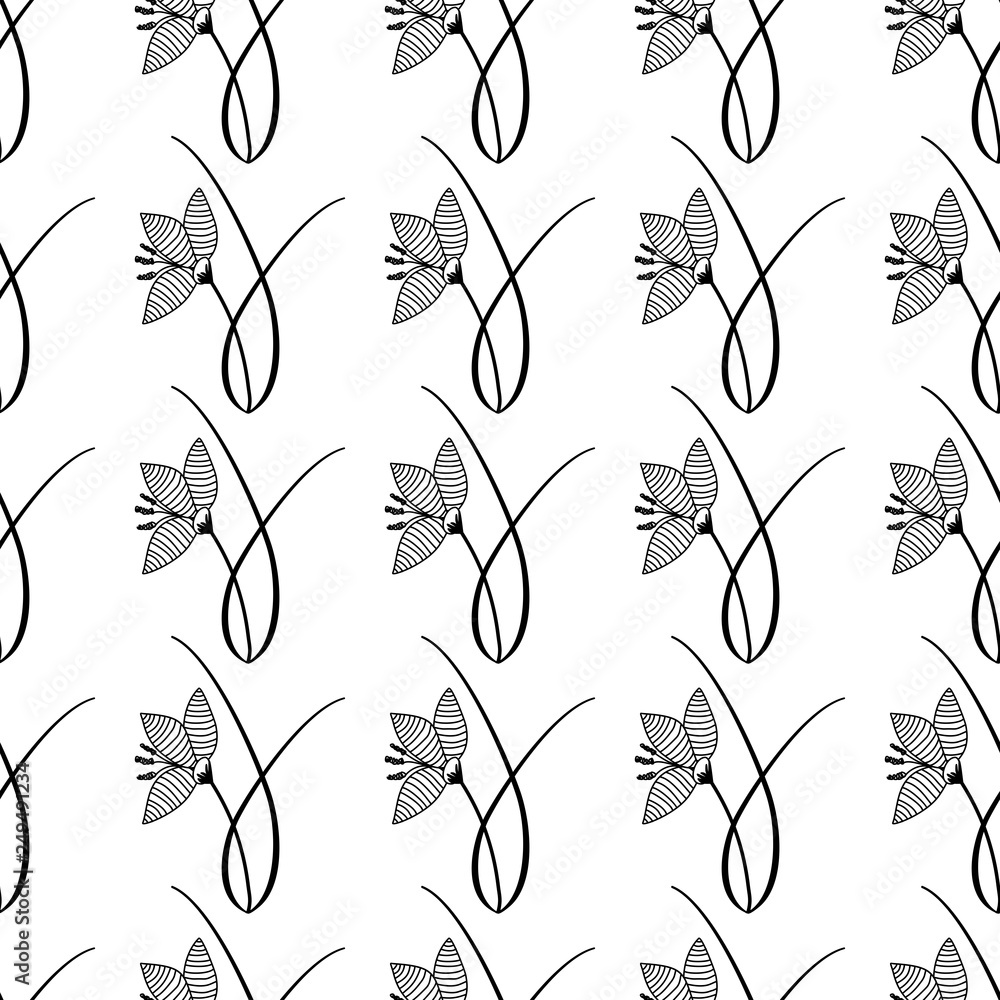 Playful geometric vector seamless pattern wiht doodles, hand drawn crocus plants organized into stripes. 