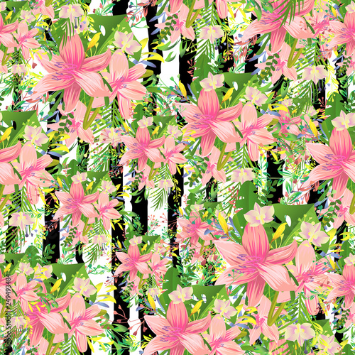 Beautiful cute liliya pattern. Different detail design with tropic monstera and foliage photo