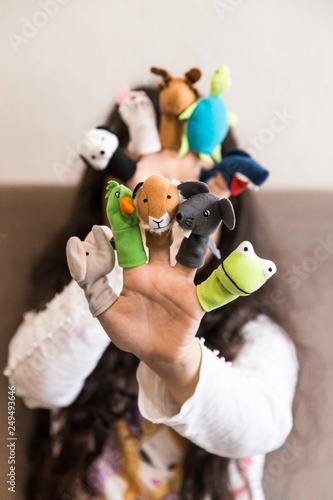 Funny animals puppets in the fingers. Children's activities concept.Happy teachers day 