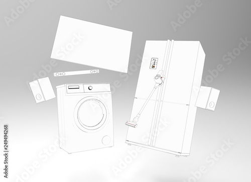 Drawn household appliances. 3d illustration.
