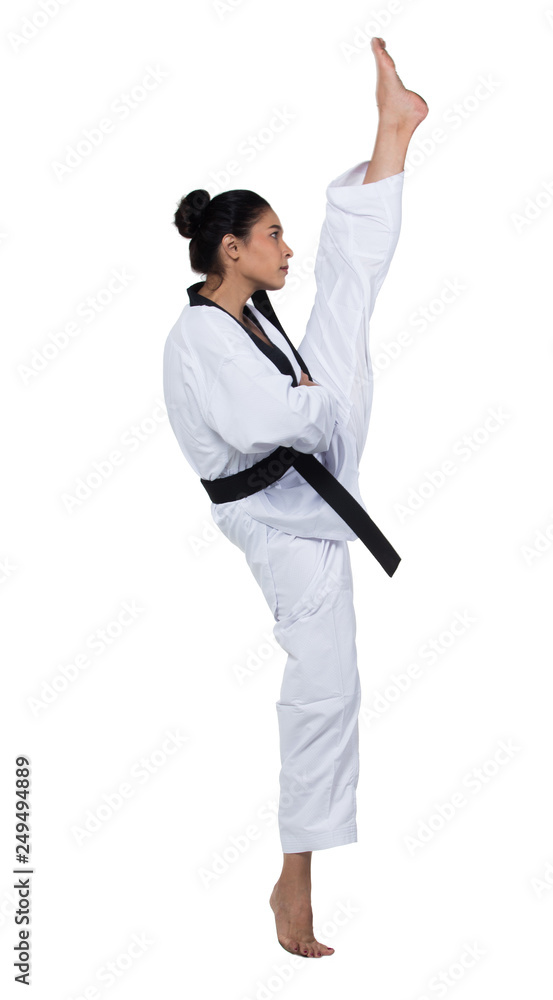 Foto Stock Master Black Belt TaeKwonDo Beautiful Asian Caucasian Woman instructor  Teacher fighter show hit pose, studio lighting white background isolated.  White fighting suit outfit, motion blur hand foots | Adobe Stock