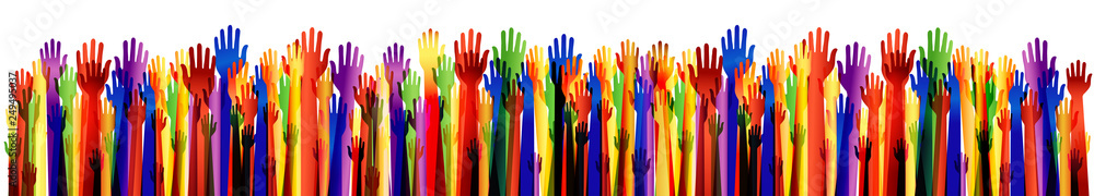 Large group of happy hands multiple exposure. Arms upwards. Many colored hands up. Vector - obrazy, fototapety, plakaty 