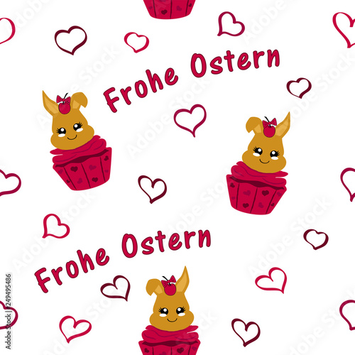 nahtloses muster mit Osterhäschen im Cupcake mit Kirsche. Kawaii Stil, Eps 10