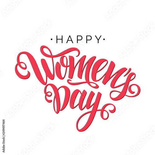 Happy Women s Day vector red script lettering on white background. Hand written design element for card  poster  banner. Modern calligraphy for 8 March day. Isolated typography print.