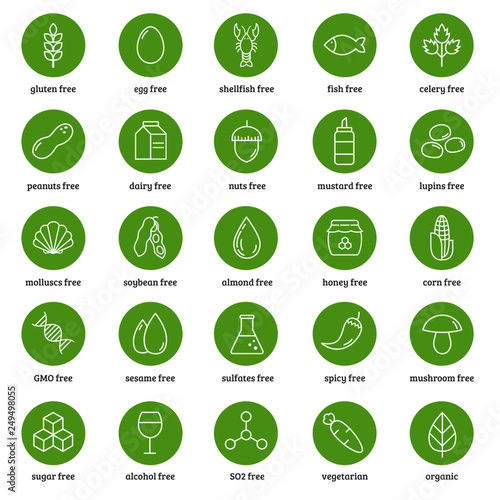 Food allergens icons vector set. On white background.	